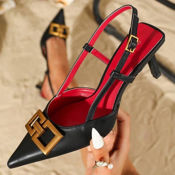 Shoes - Elegant Black & Red Women's high-heeled sandals with pointed toe and thin strap